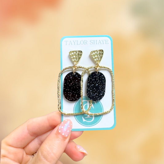 Black Sparkle Oval Hoops