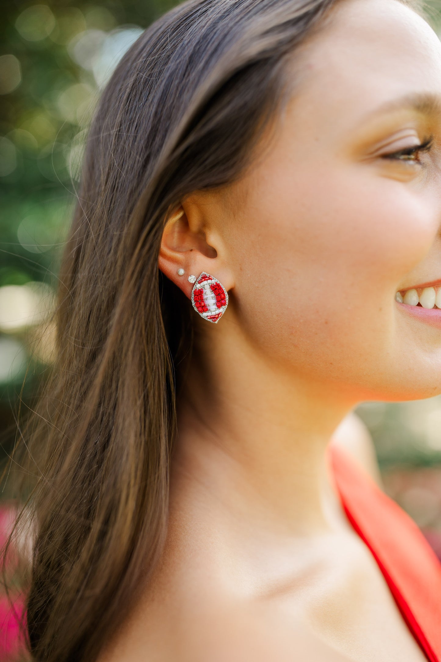 Beaded Red and White Football Stud