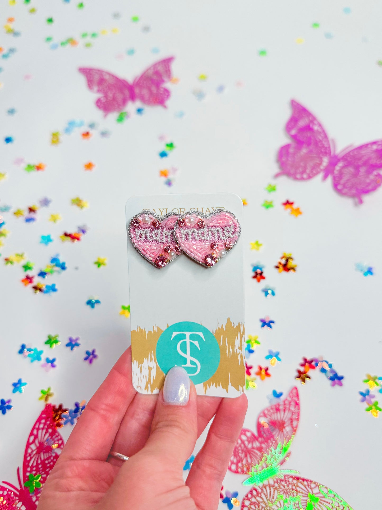 MAMA Beaded Heart Studs
