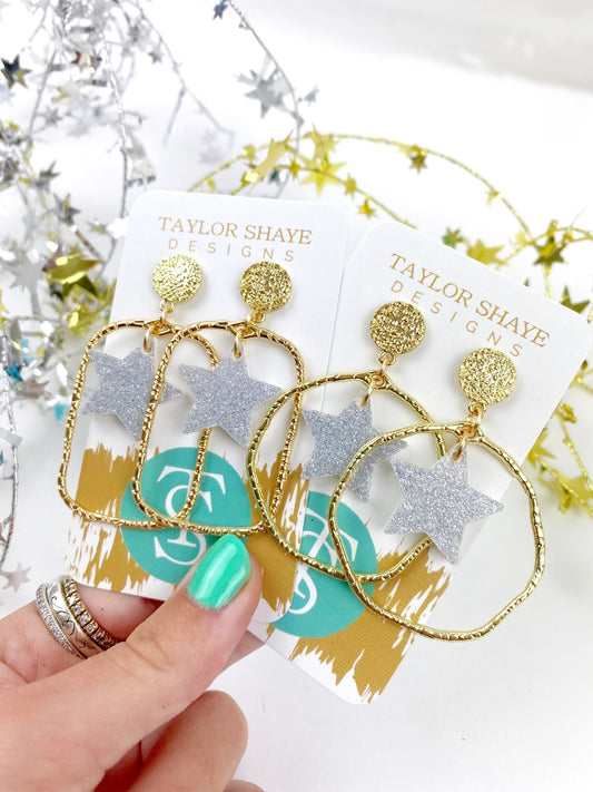 Silver Glitter Star Drop Hoops