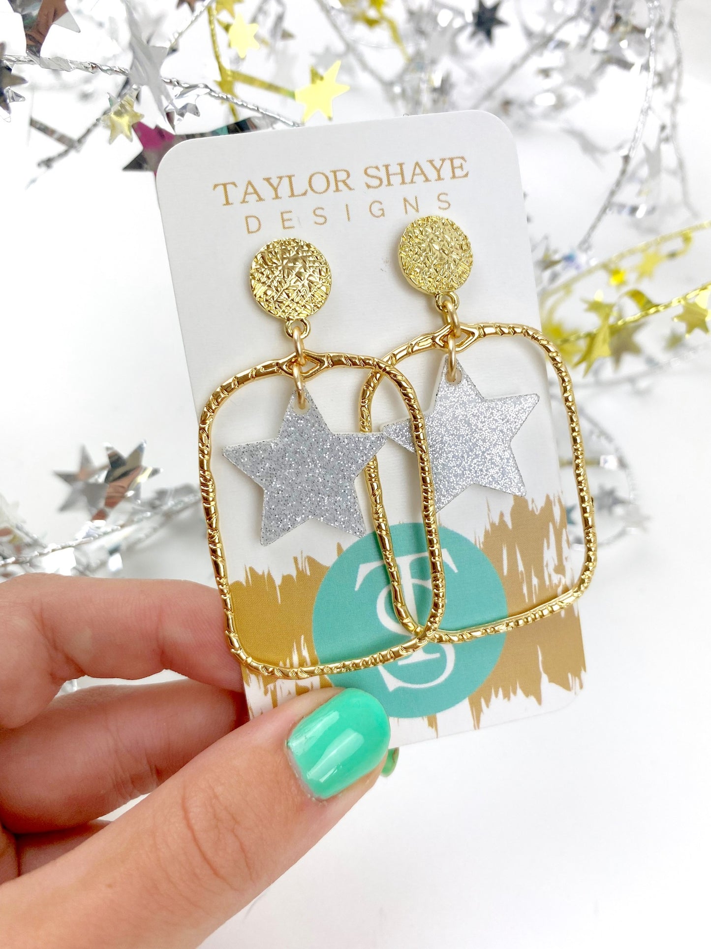 Silver Glitter Star Drop Hoops