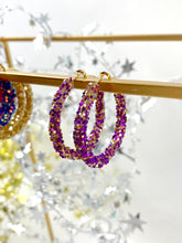 Load image into Gallery viewer, Purple/Gold Glitter Hoops
