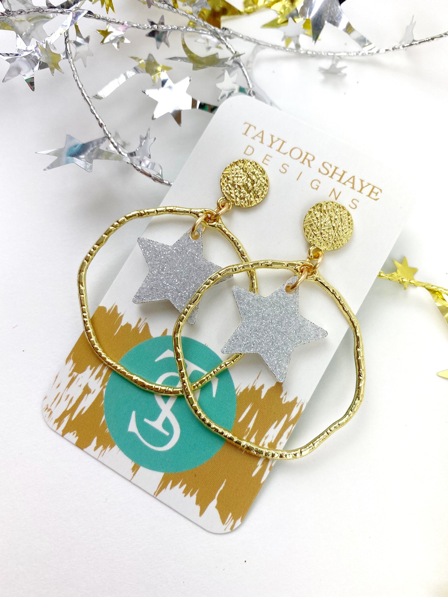 Silver Glitter Star Drop Hoops