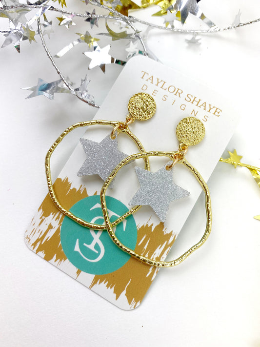 Silver Glitter Star Drop Hoops