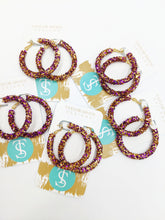 Load image into Gallery viewer, Purple/Gold Glitter Hoops
