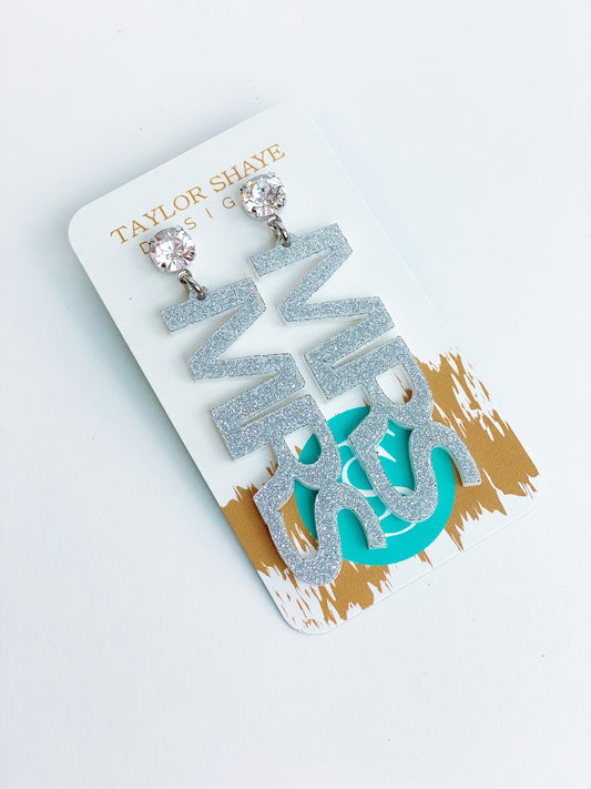 Silver Glitter "MRS" Bridal Earrings